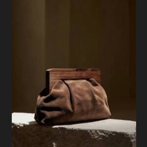 Banana Republic Brown Suede Clutch Wooden Frame Hinged